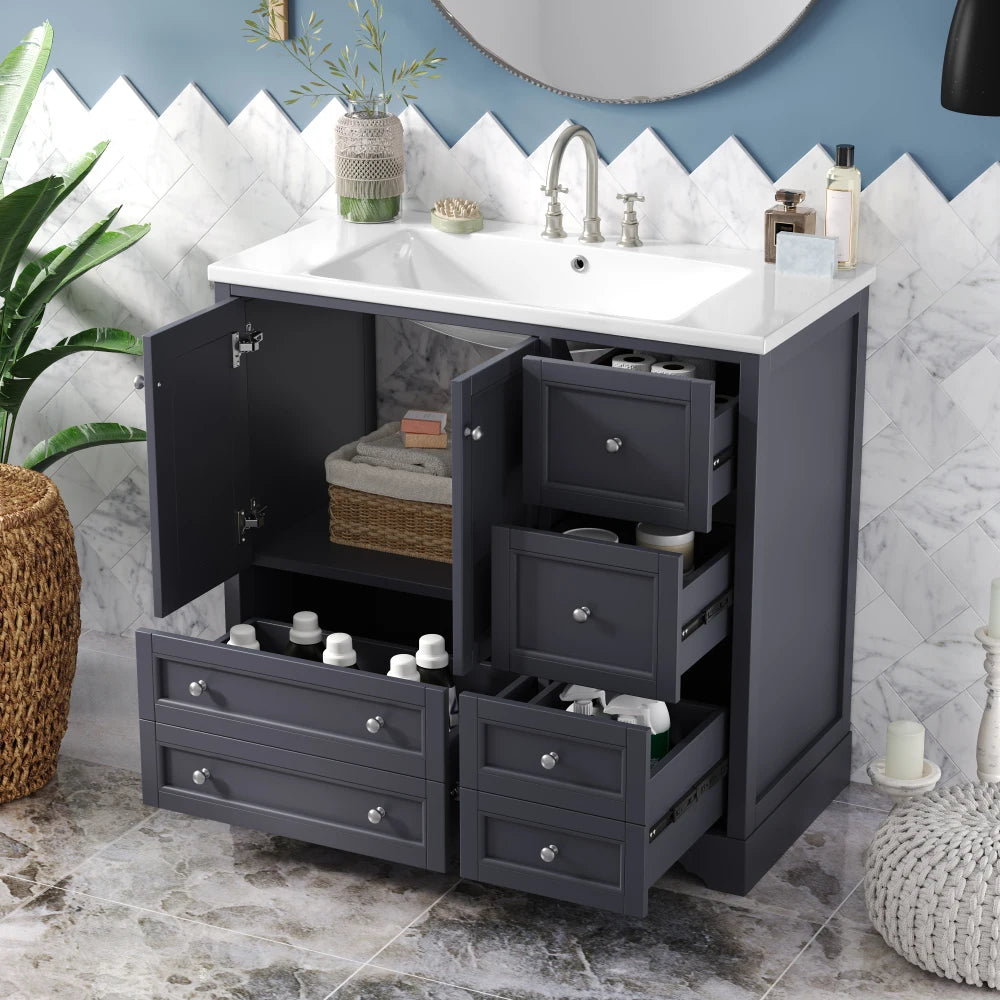 36 Inch Bathroom Vanity With Sink Solid Wood Freestanding Four Drawers And Shelf