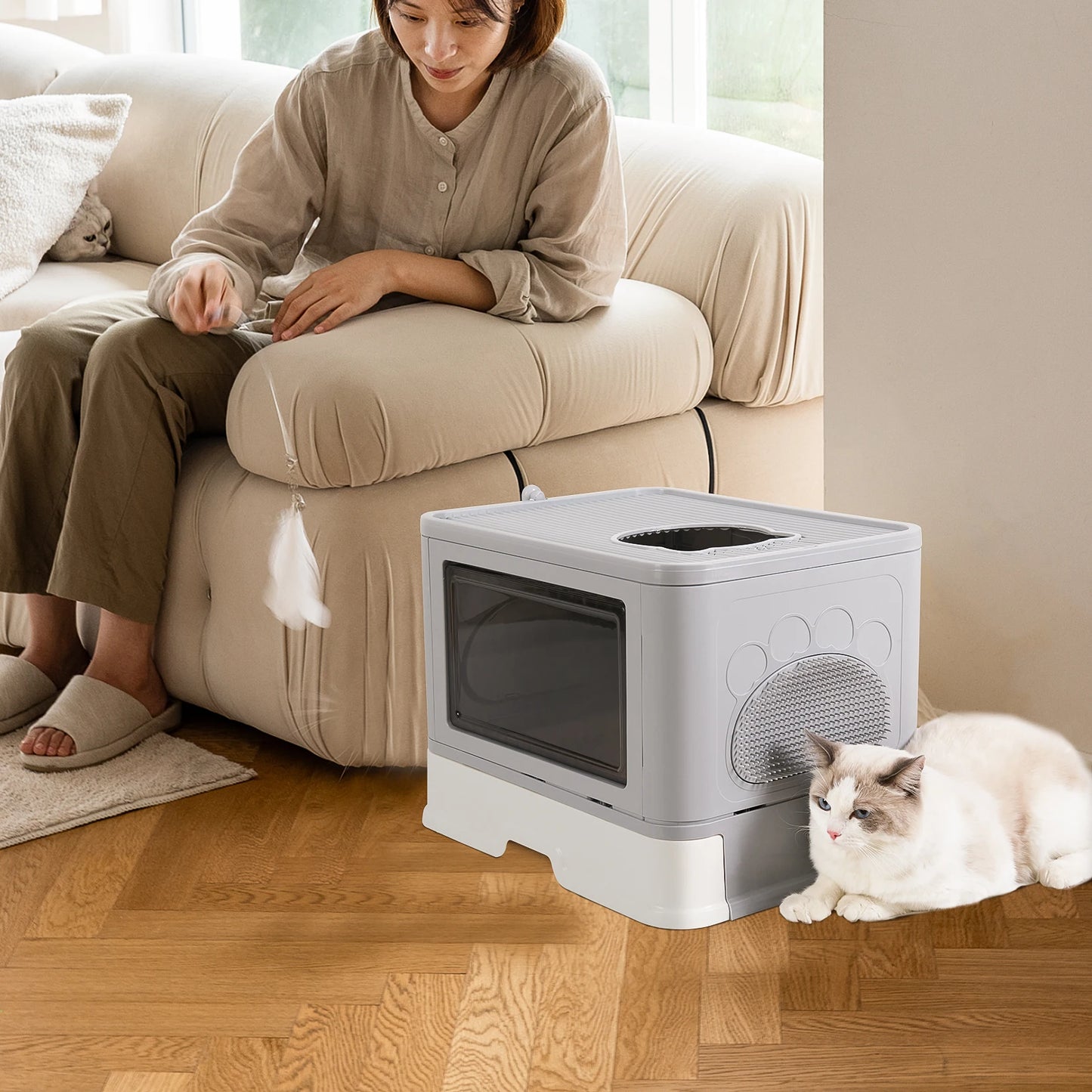 Bingopaw Cat Litter Box with Lid, Enclosed Potty, Large Top Entry Anti-Splashing Toilet, Easy to Clean Including Litter Scoop
