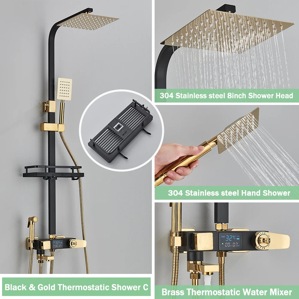 Rozin Black Smart Thermostatic Shower Faucet Set With Digital Mixer Rainfall