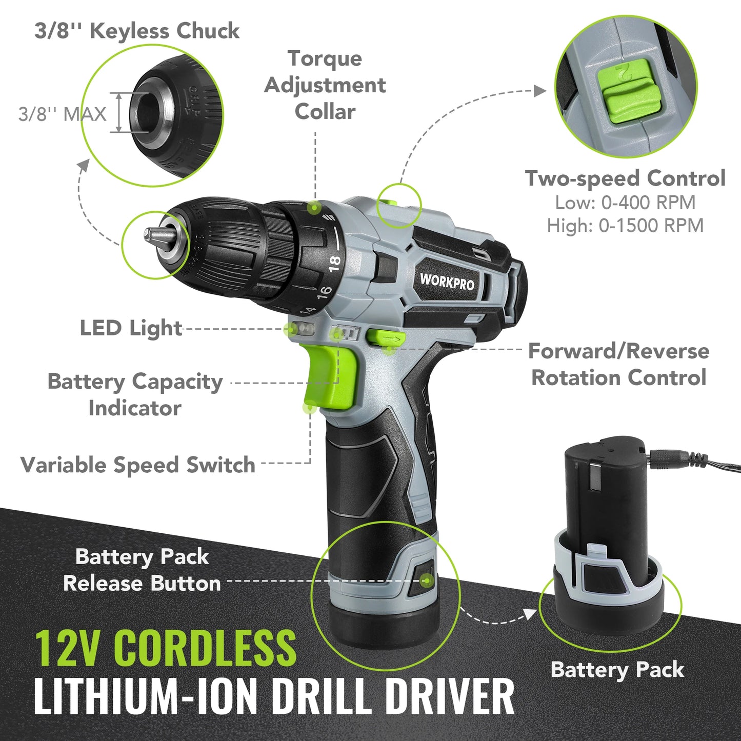 WORKPRO Home Tool Kit with Power Drill, 108PCS Power Home Tool Set with 12V 1.5 Ah Battery Powered Screwdriver and Tool Box