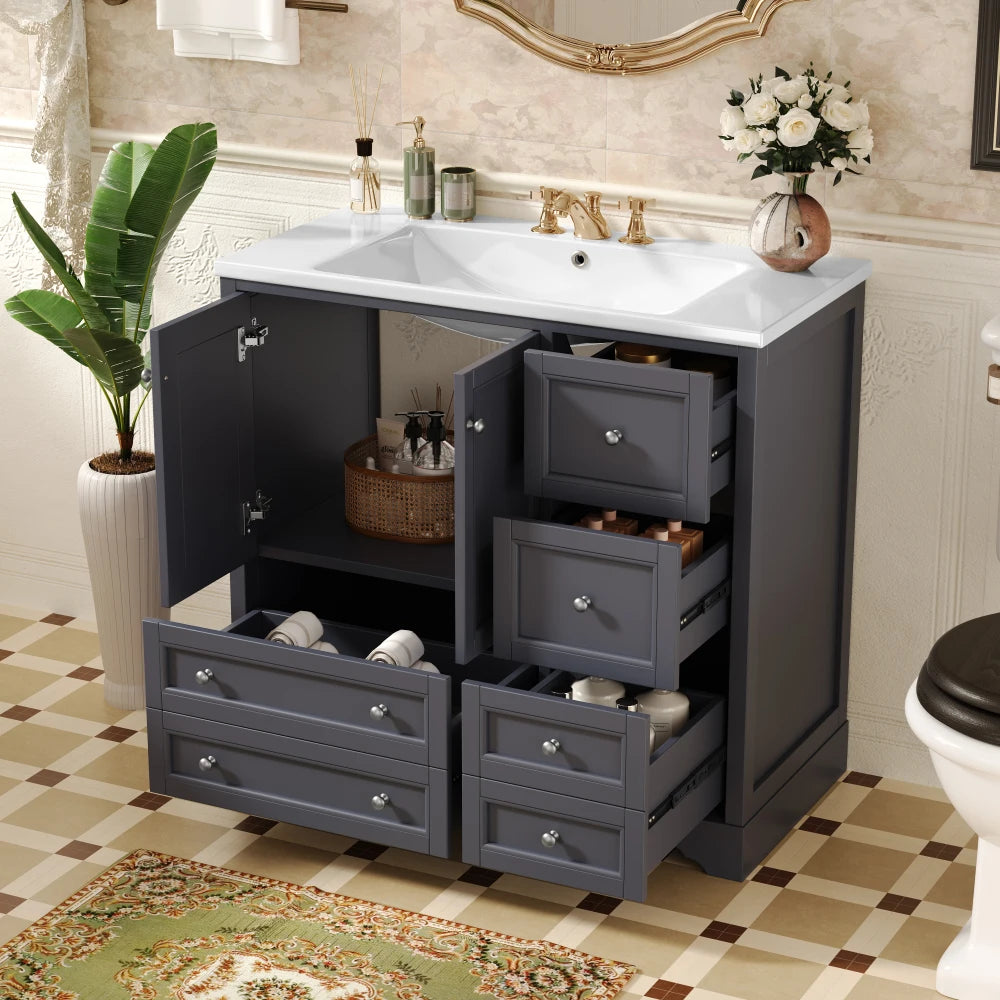 36 Inch Bathroom Vanity With Sink Solid Wood Freestanding Four Drawers And Shelf