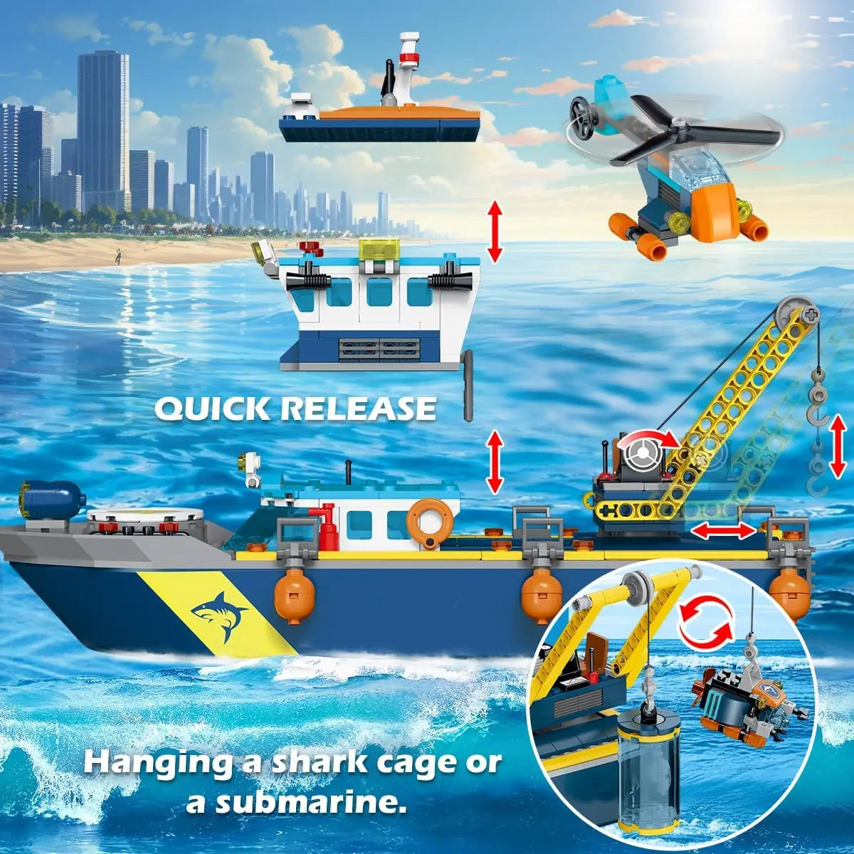 HOGOKIDS Arctic Explorer Technic Ship Building Block Set with LED Light  Ocean Exploration Helicopter Sub Shark for Kids Ages 6+