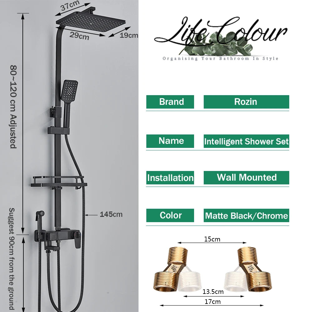 Rozin Black Smart Thermostatic Shower Faucet Set With Digital Mixer Rainfall