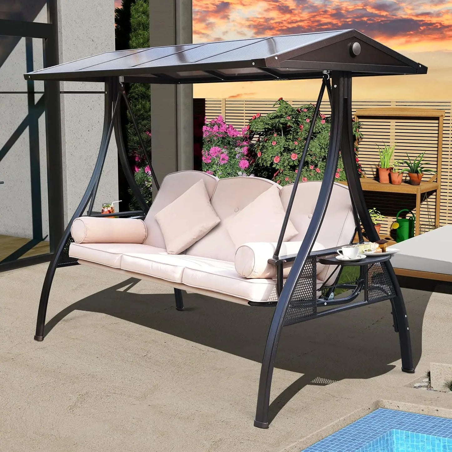 Outdoor Porch Swing with Polycarbonate Hardtop,  3 Seat Patio Swing with Convertible Backrest,  2 Side Cup Holder