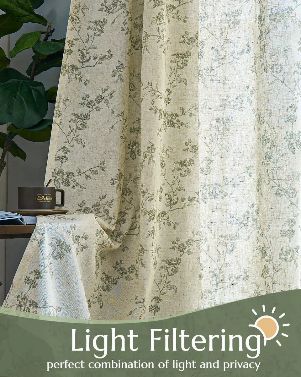 JINCHAN 2 Panels Linen Curtains For Living Room Bedroom French Country Farmhouse Flower Patterned Drapes Back Tab Window Curtain