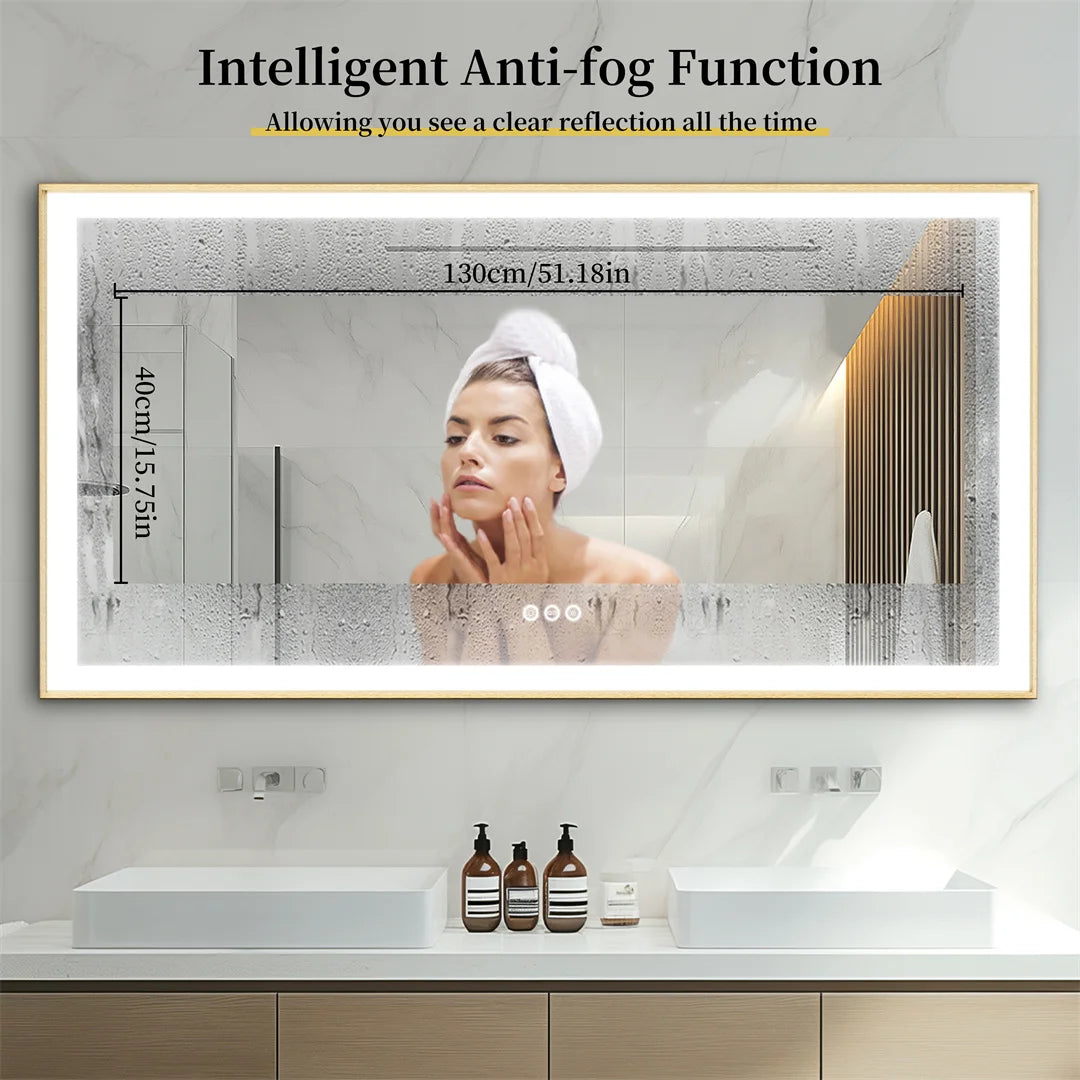 LUVODI Large Gold Framed Fogless Bathroom Mirror With Smart LED Illumination