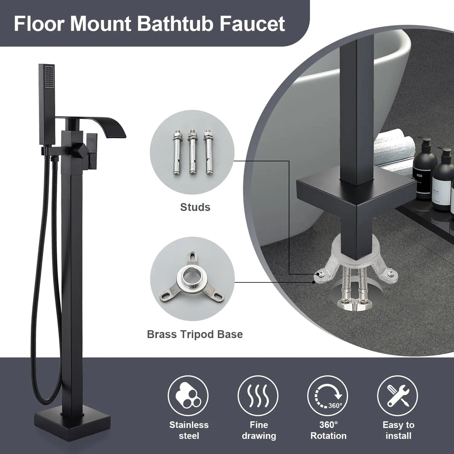 Black Waterfall Free Standing Tub Faucet With Hand Shower Brass Bathroom Faucets
