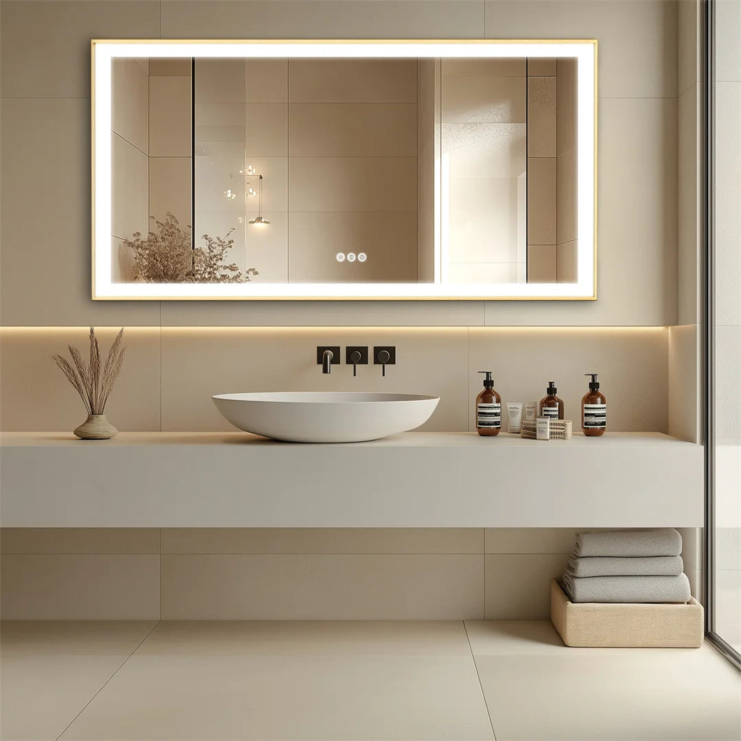 LUVODI Large Gold Framed Fogless Bathroom Mirror With Smart LED Illumination