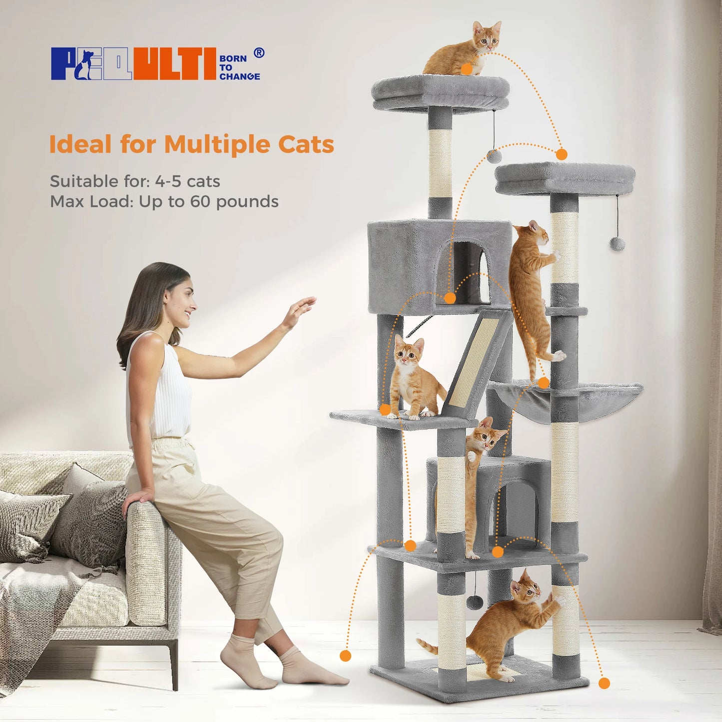 H180CM Large Cat Tree for Indoor Tall Tower for Cat Multi-Level Plush with Natural Sisal Scratching Post Condos Perches Hammock