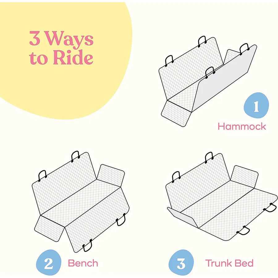 A black pet car mat with gray edging, 100% waterproof and stain resistant, easy to maintain, machine washable