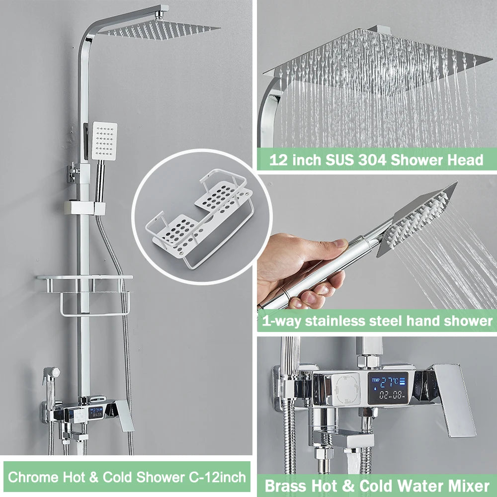 Rozin Black Smart Thermostatic Shower Faucet Set With Digital Mixer Rainfall