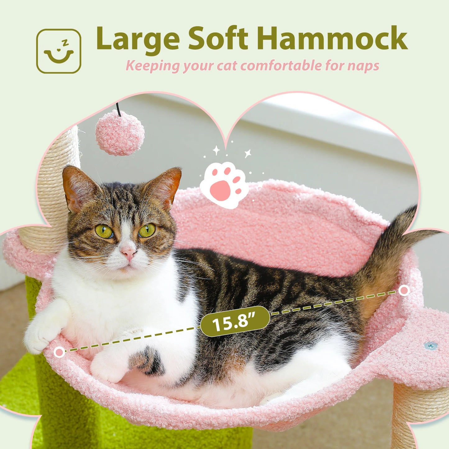 Cat Tree Flower with Large Metal Frame Hammock Cute Cat Tower with Sisal Scratching Posts for Small Indoor Cats with Pink Perch