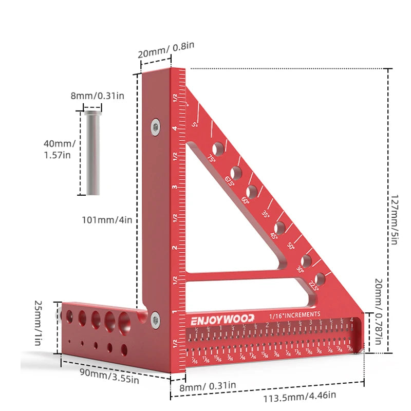 ENJOYWOOD 5 inch 3D Multi-Angle Measuring Ruler Square Ruler 22.5-90 Degree Protractor Hole Positioning Woodworking Tool
