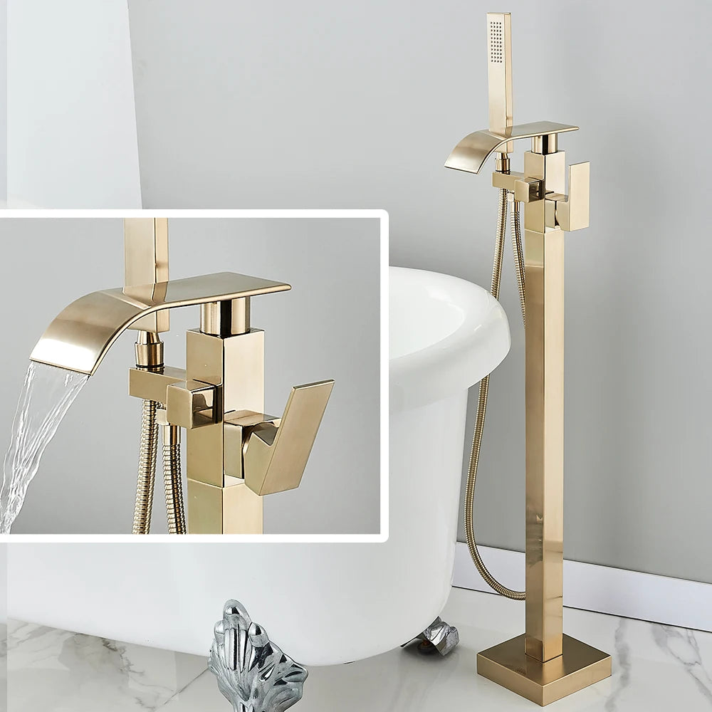 Black Waterfall Free Standing Tub Faucet With Hand Shower Brass Bathroom Faucets