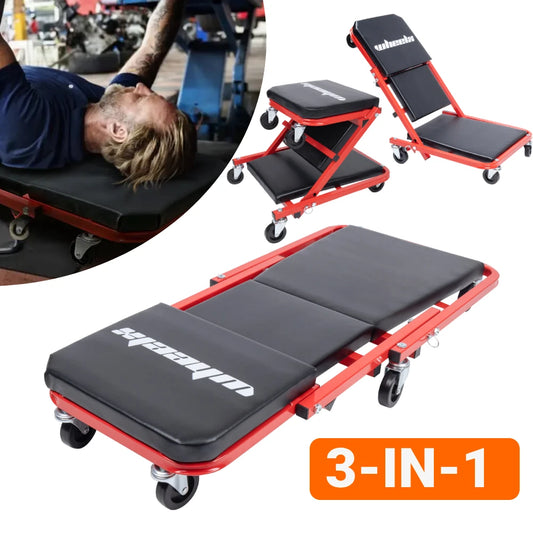 3-in-1 Rolling Mechanic Creeper Z Seat, Foldable Garage Chair Lay Down Sit Lean Back, Under Car Shop Auto Repair, Red Black