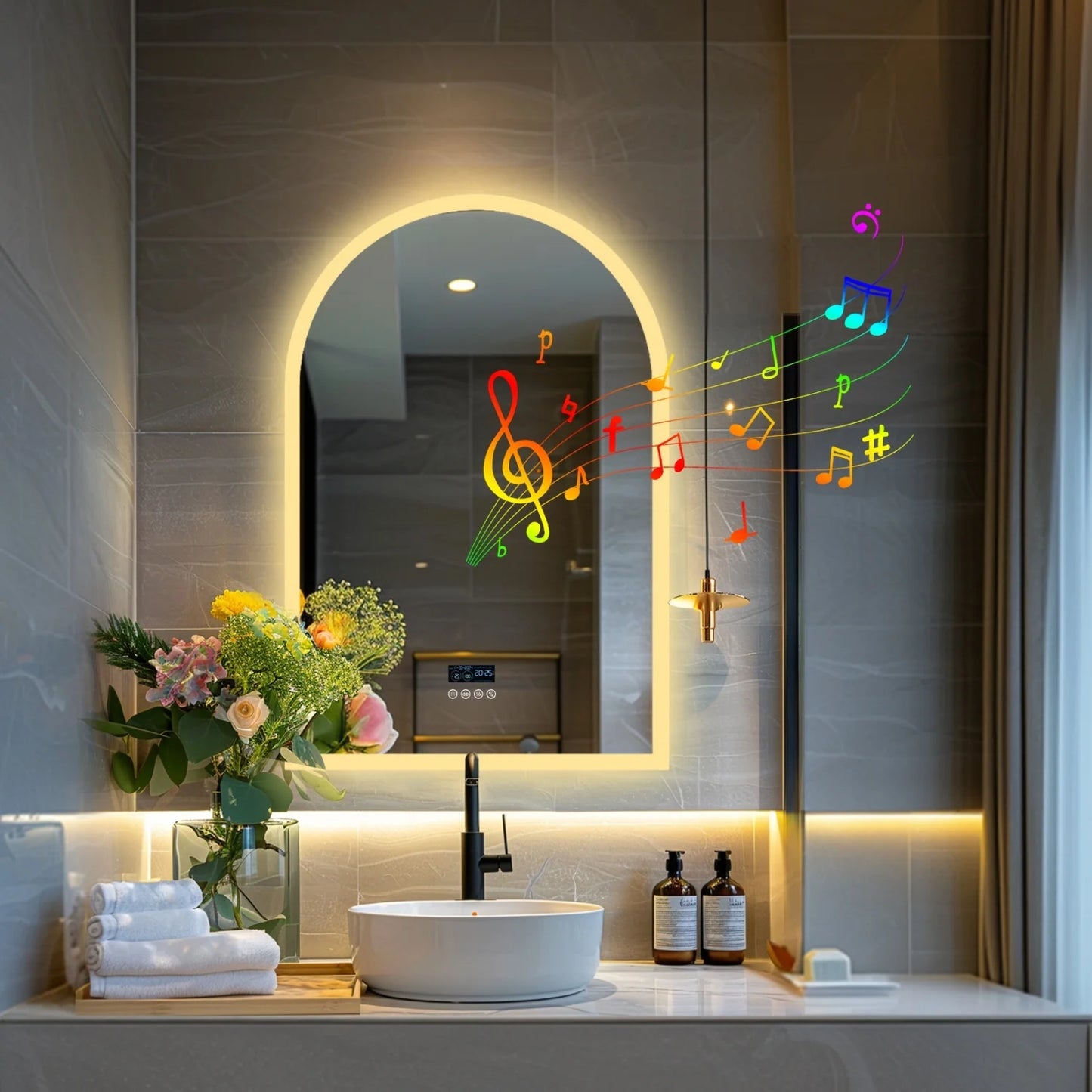 60x90cm Arched LED Bathroom Mirror Backlit Bluetooth Date Time Touch Antifog