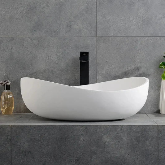 Oval Stone Resin Vessel Sink Matte White With Pop Up Drain