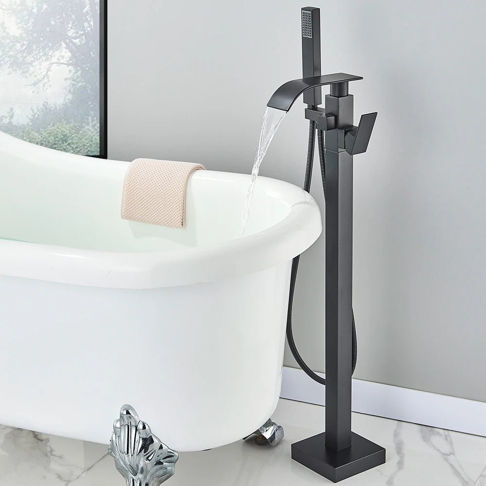 Black Waterfall Free Standing Tub Faucet With Hand Shower Brass Bathroom Faucets